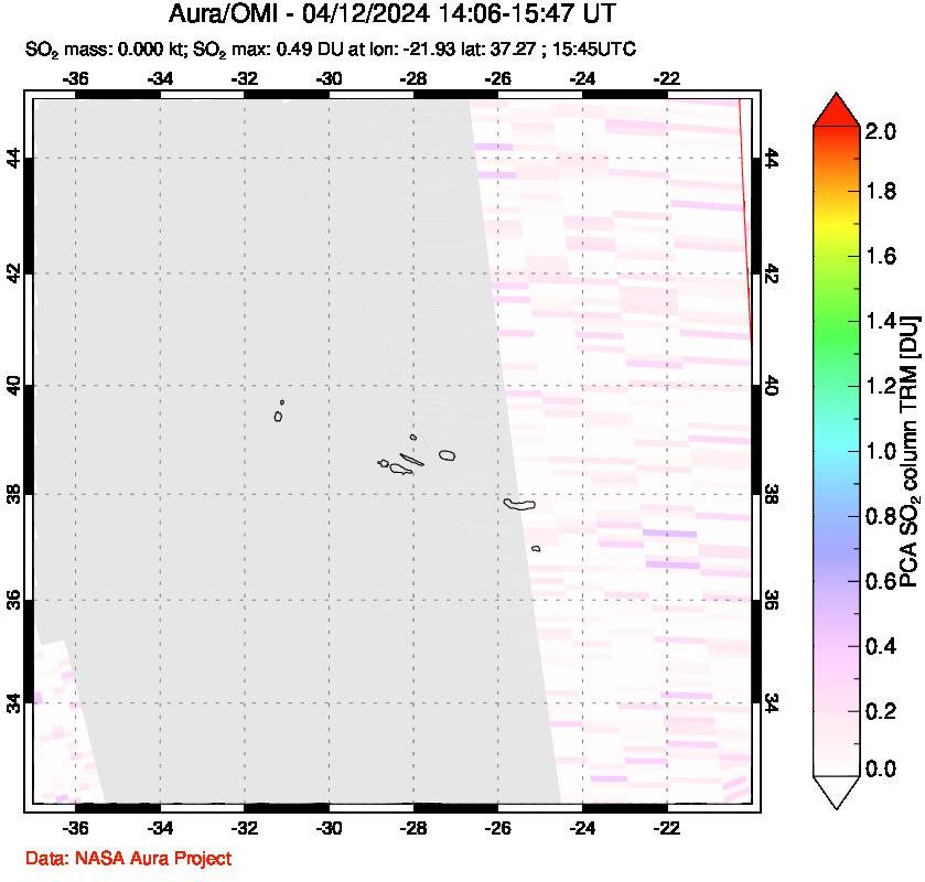 A sulfur dioxide image over Azore Islands, Portugal on Apr 12, 2024.