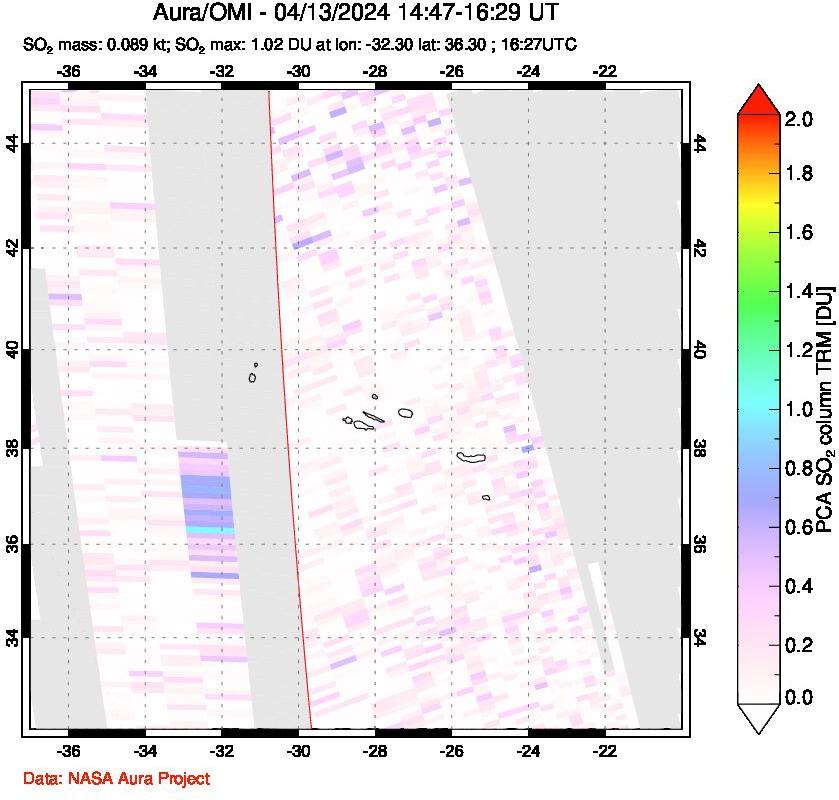 A sulfur dioxide image over Azore Islands, Portugal on Apr 13, 2024.