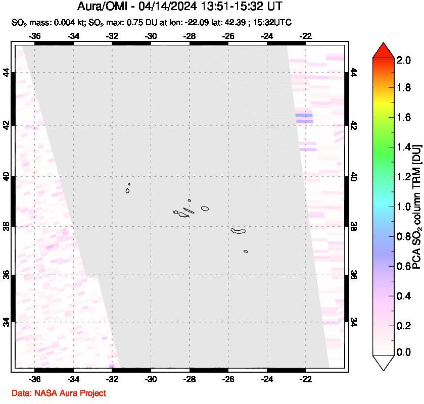 A sulfur dioxide image over Azore Islands, Portugal on Apr 14, 2024.