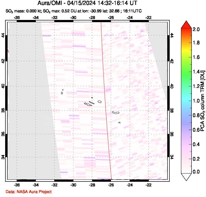 A sulfur dioxide image over Azore Islands, Portugal on Apr 15, 2024.