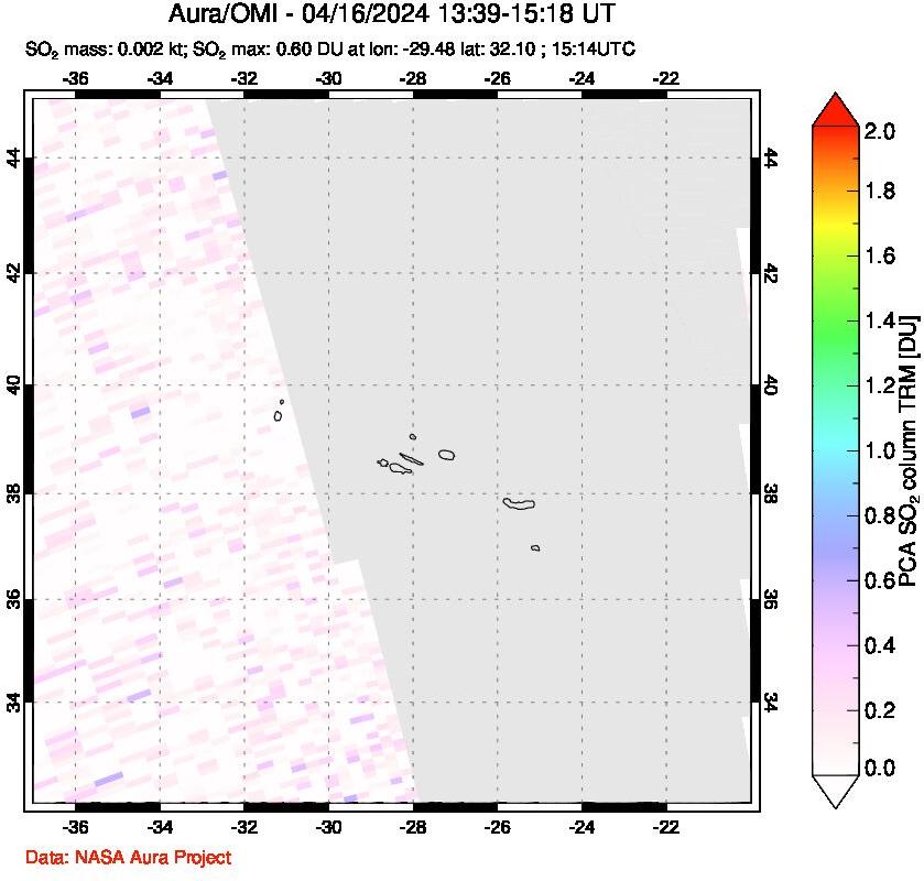 A sulfur dioxide image over Azore Islands, Portugal on Apr 16, 2024.