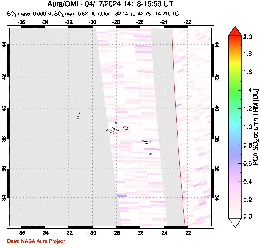 A sulfur dioxide image over Azore Islands, Portugal on Apr 17, 2024.