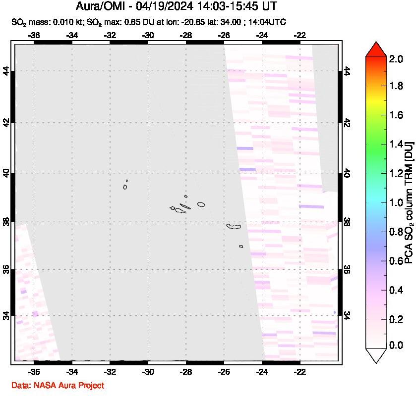 A sulfur dioxide image over Azore Islands, Portugal on Apr 19, 2024.