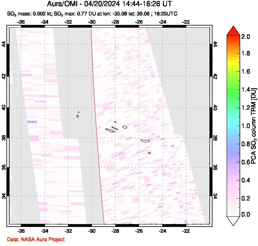 A sulfur dioxide image over Azore Islands, Portugal on Apr 20, 2024.