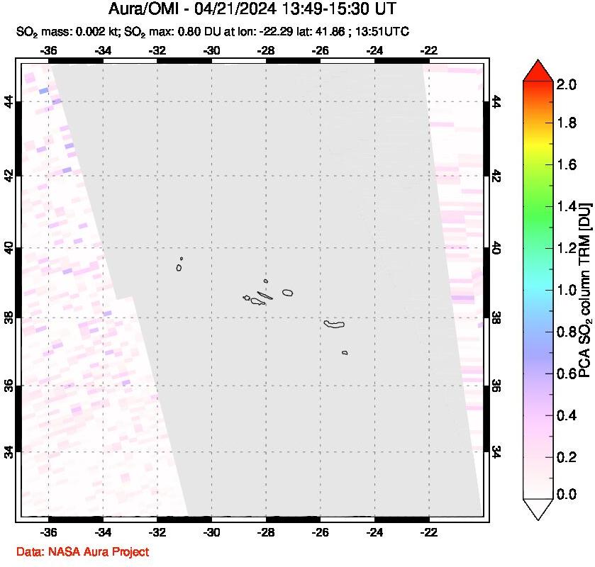 A sulfur dioxide image over Azore Islands, Portugal on Apr 21, 2024.