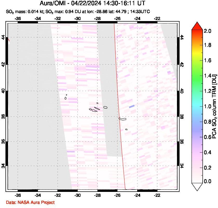 A sulfur dioxide image over Azore Islands, Portugal on Apr 22, 2024.