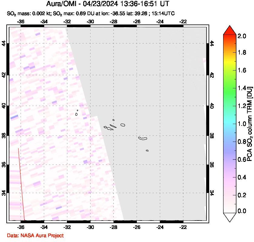 A sulfur dioxide image over Azore Islands, Portugal on Apr 23, 2024.