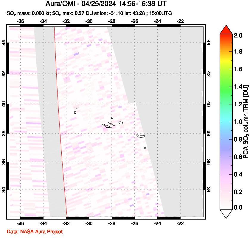 A sulfur dioxide image over Azore Islands, Portugal on Apr 25, 2024.