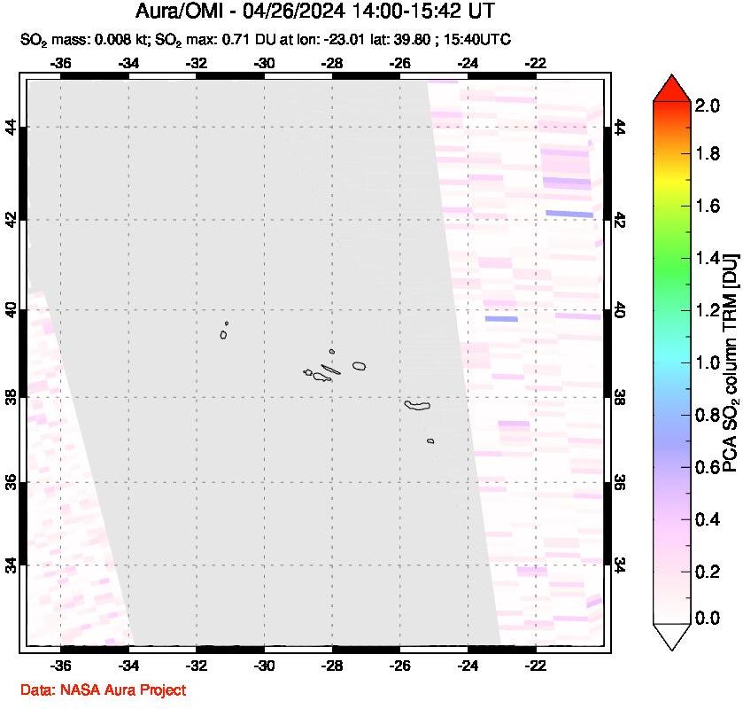 A sulfur dioxide image over Azore Islands, Portugal on Apr 26, 2024.