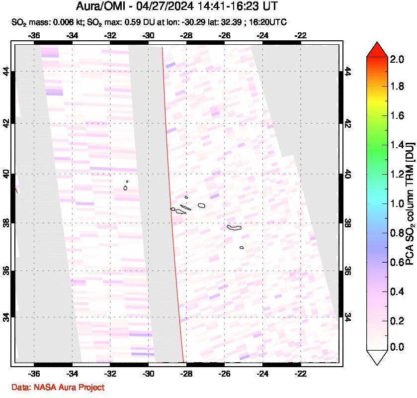 A sulfur dioxide image over Azore Islands, Portugal on Apr 27, 2024.