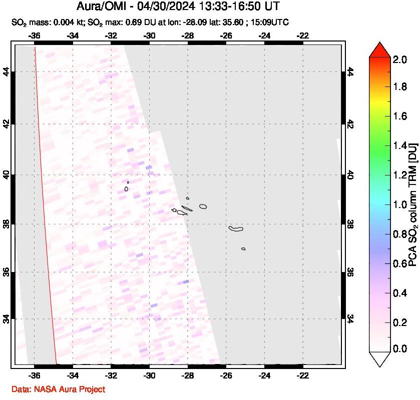 A sulfur dioxide image over Azore Islands, Portugal on Apr 30, 2024.