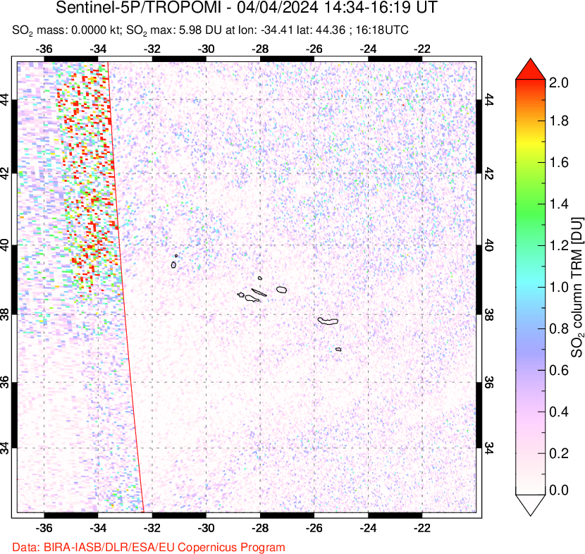 A sulfur dioxide image over Azore Islands, Portugal on Apr 04, 2024.