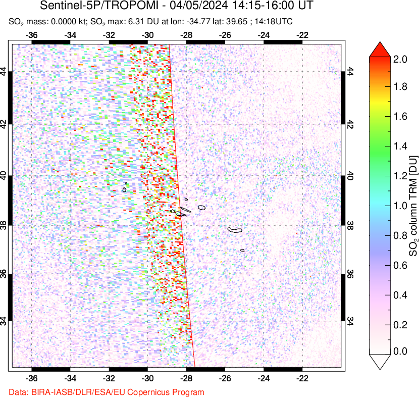 A sulfur dioxide image over Azore Islands, Portugal on Apr 05, 2024.