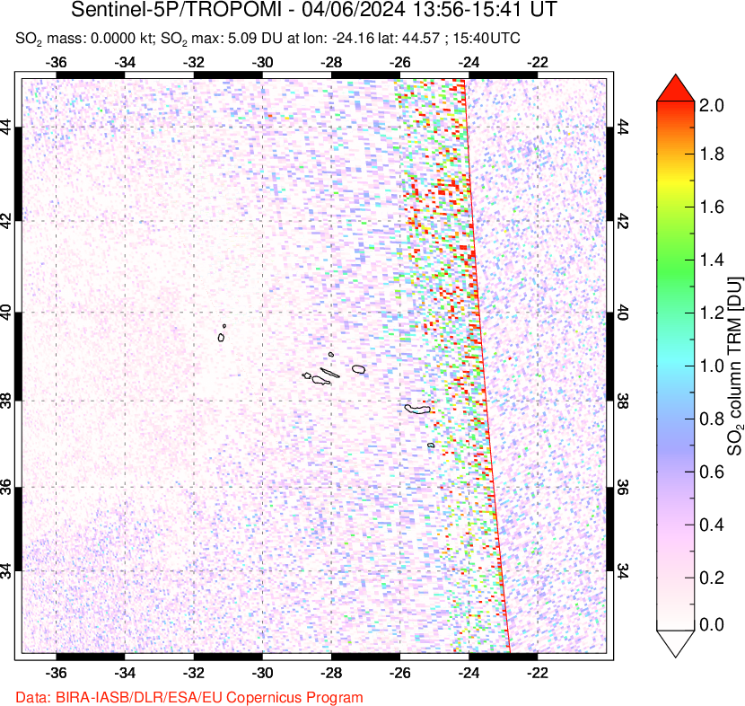 A sulfur dioxide image over Azore Islands, Portugal on Apr 06, 2024.