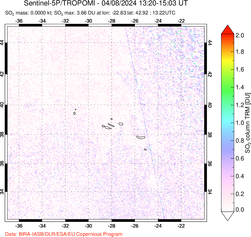 A sulfur dioxide image over Azore Islands, Portugal on Apr 08, 2024.