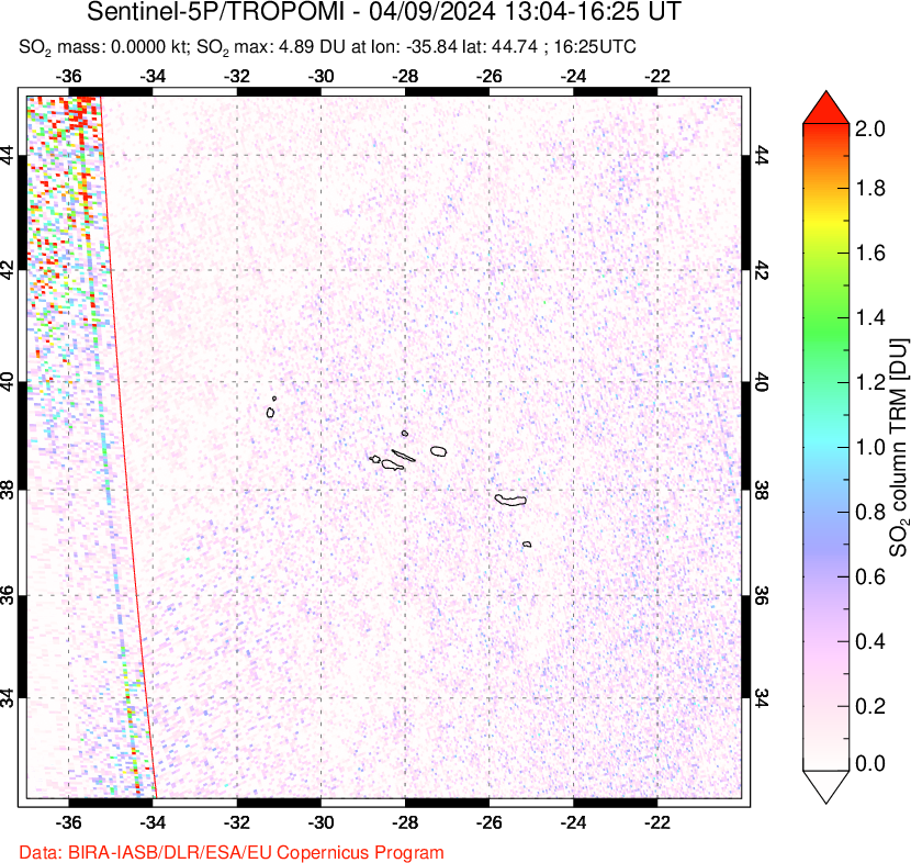 A sulfur dioxide image over Azore Islands, Portugal on Apr 09, 2024.