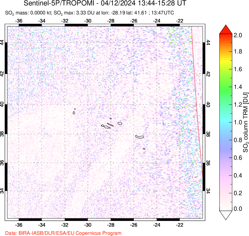 A sulfur dioxide image over Azore Islands, Portugal on Apr 12, 2024.