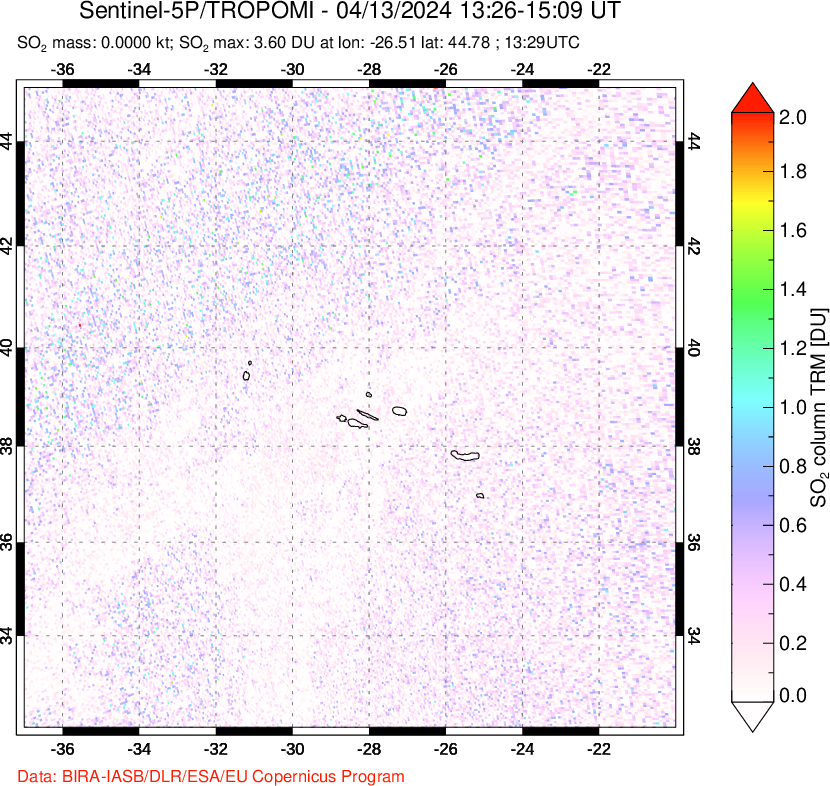 A sulfur dioxide image over Azore Islands, Portugal on Apr 13, 2024.