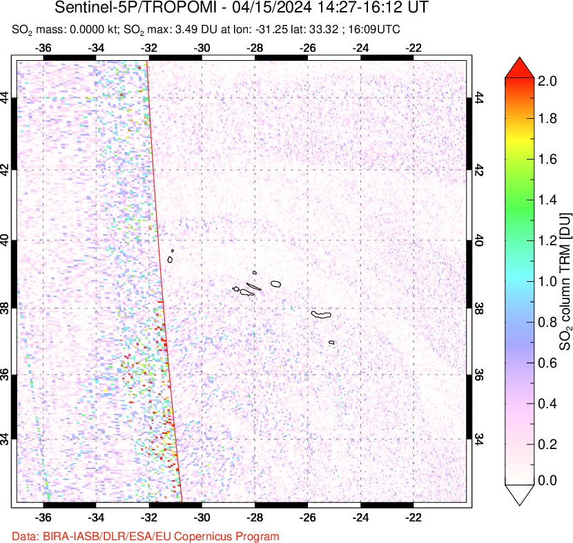 A sulfur dioxide image over Azore Islands, Portugal on Apr 15, 2024.