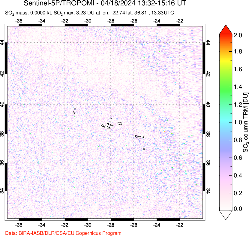 A sulfur dioxide image over Azore Islands, Portugal on Apr 18, 2024.