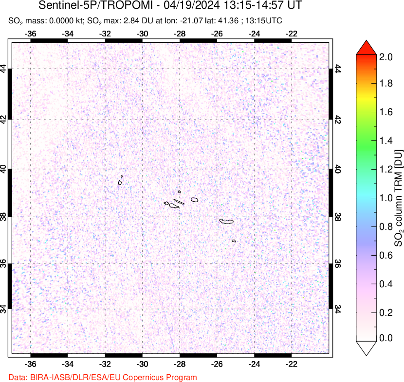 A sulfur dioxide image over Azore Islands, Portugal on Apr 19, 2024.