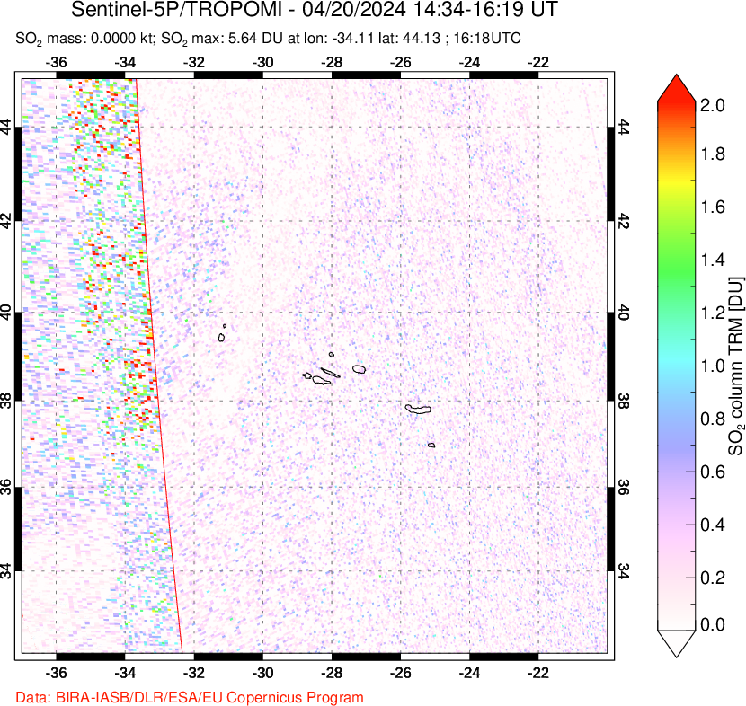 A sulfur dioxide image over Azore Islands, Portugal on Apr 20, 2024.