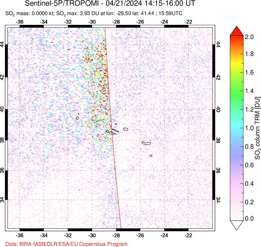 A sulfur dioxide image over Azore Islands, Portugal on Apr 21, 2024.