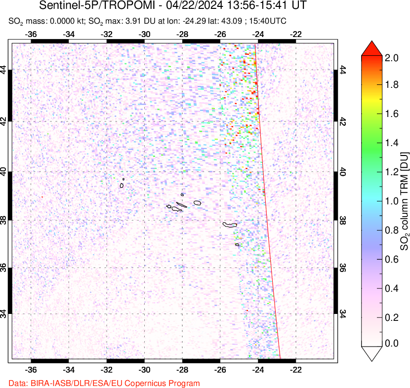 A sulfur dioxide image over Azore Islands, Portugal on Apr 22, 2024.