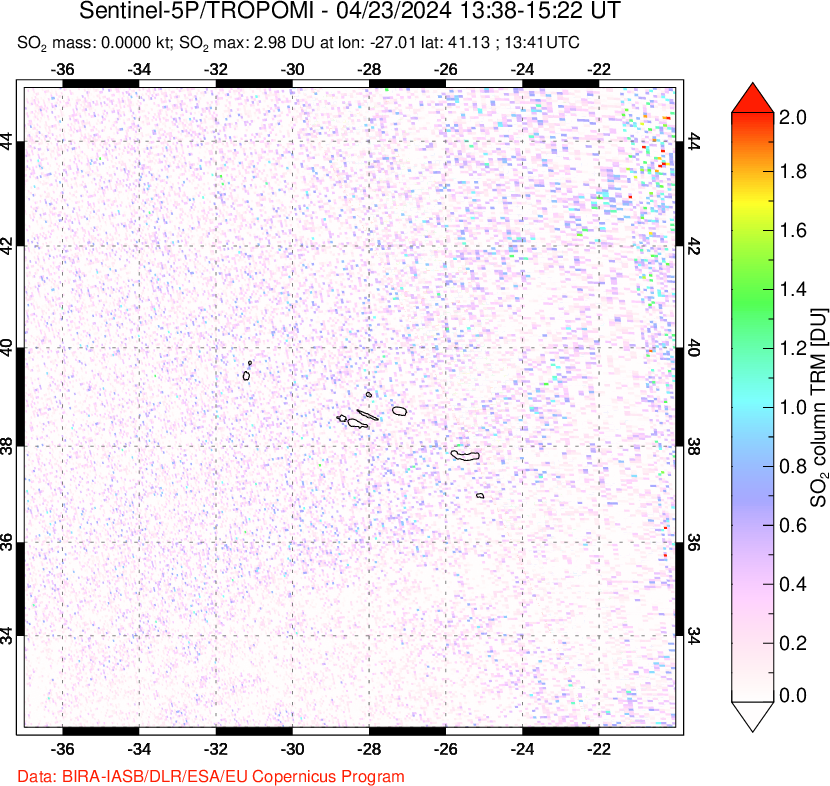 A sulfur dioxide image over Azore Islands, Portugal on Apr 23, 2024.