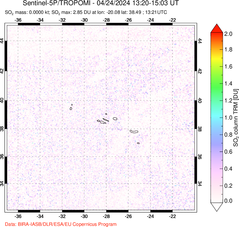 A sulfur dioxide image over Azore Islands, Portugal on Apr 24, 2024.