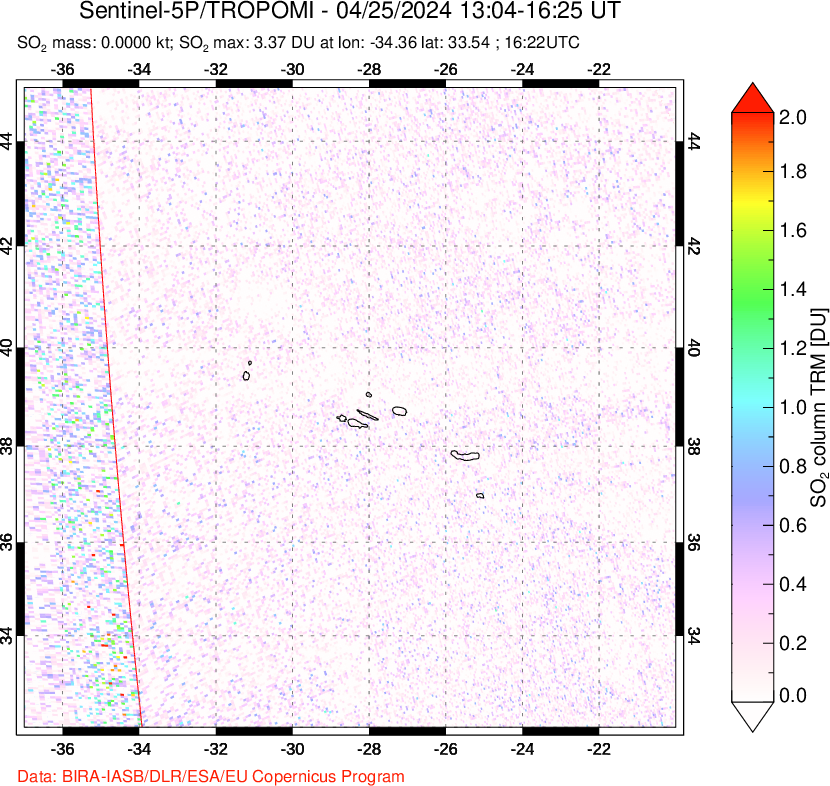 A sulfur dioxide image over Azore Islands, Portugal on Apr 25, 2024.