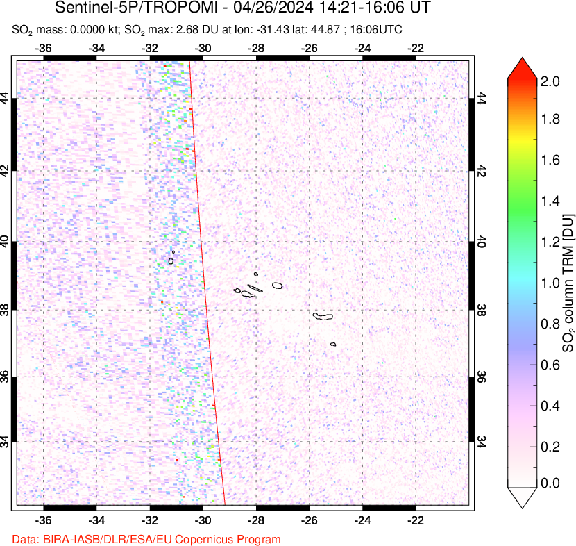 A sulfur dioxide image over Azore Islands, Portugal on Apr 26, 2024.