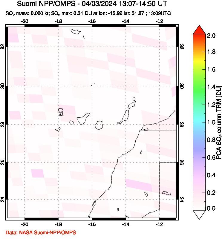 A sulfur dioxide image over Canary Islands on Apr 03, 2024.