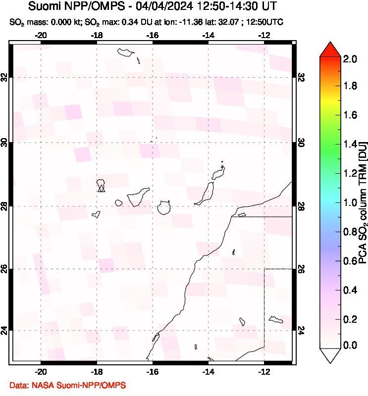 A sulfur dioxide image over Canary Islands on Apr 04, 2024.