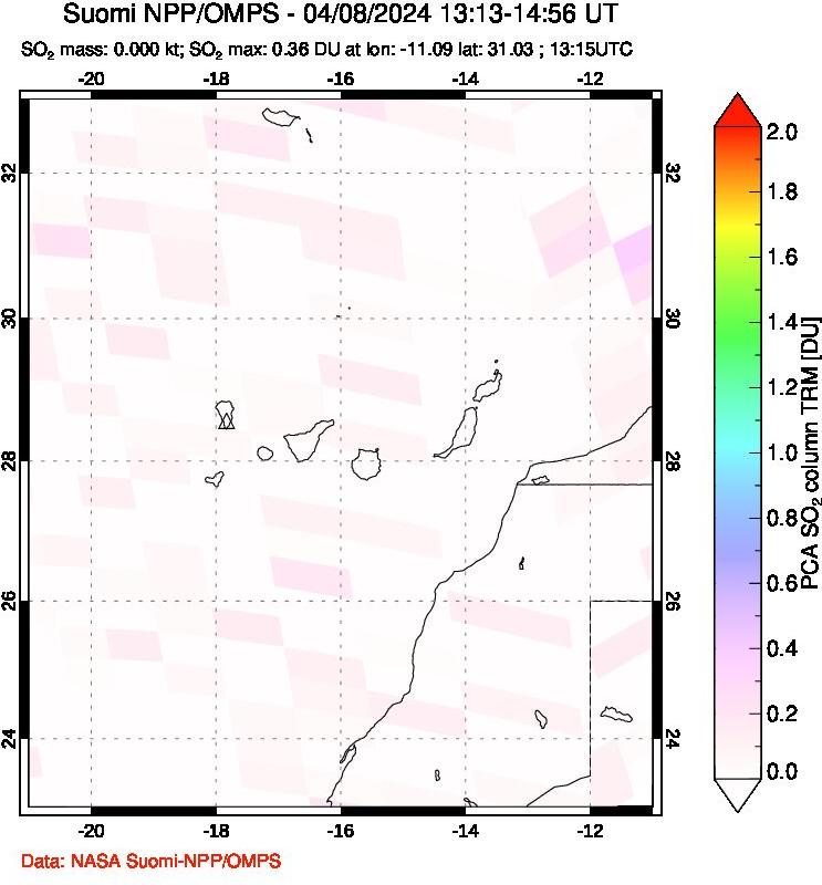 A sulfur dioxide image over Canary Islands on Apr 08, 2024.