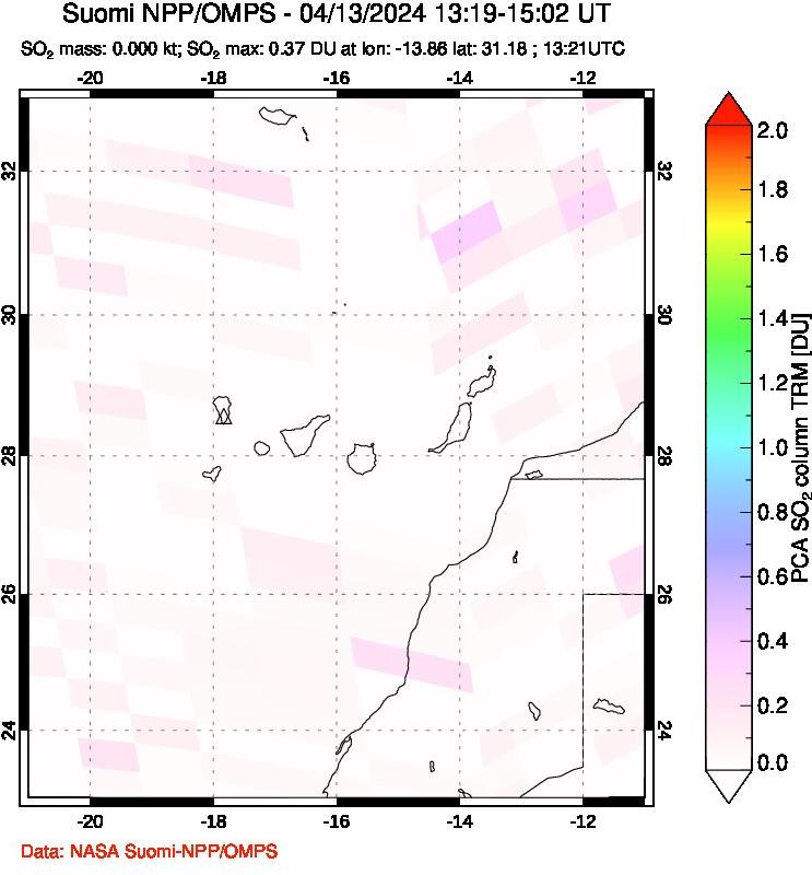 A sulfur dioxide image over Canary Islands on Apr 13, 2024.