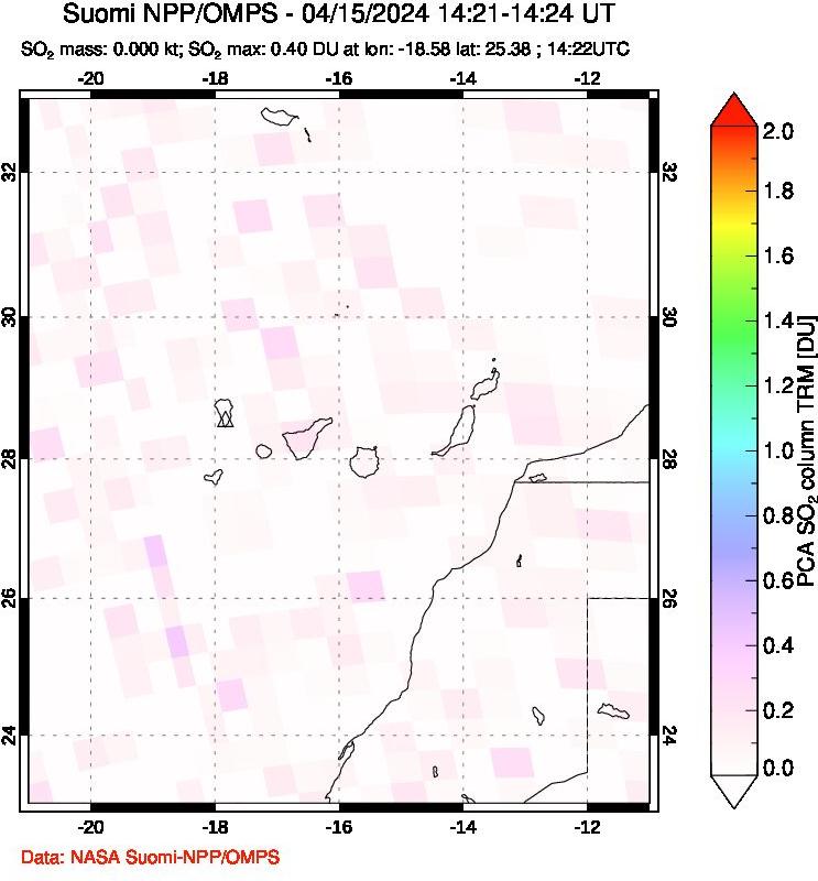 A sulfur dioxide image over Canary Islands on Apr 15, 2024.