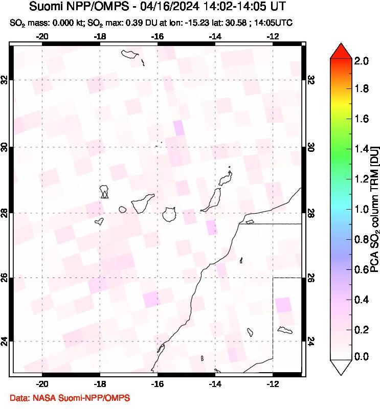 A sulfur dioxide image over Canary Islands on Apr 16, 2024.