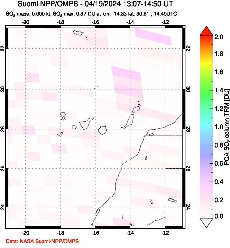 A sulfur dioxide image over Canary Islands on Apr 19, 2024.