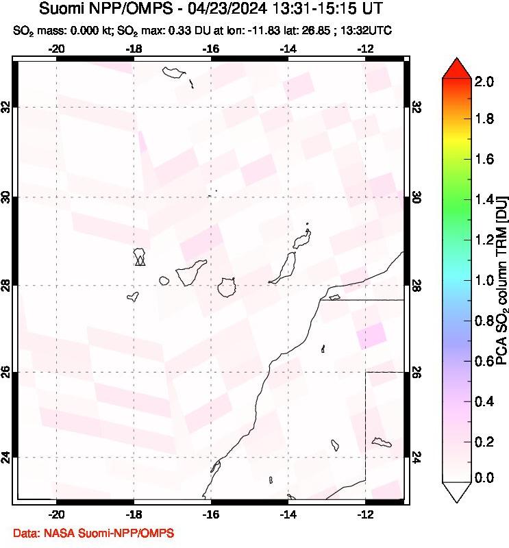 A sulfur dioxide image over Canary Islands on Apr 23, 2024.