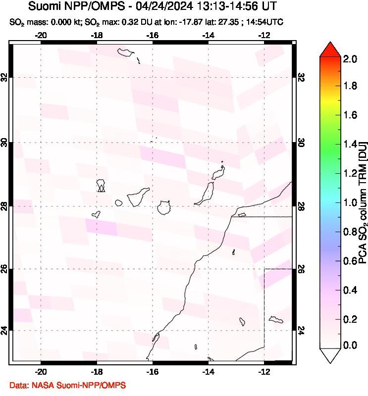 A sulfur dioxide image over Canary Islands on Apr 24, 2024.