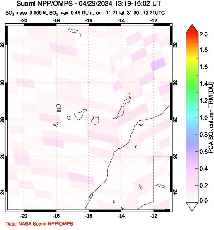 A sulfur dioxide image over Canary Islands on Apr 29, 2024.