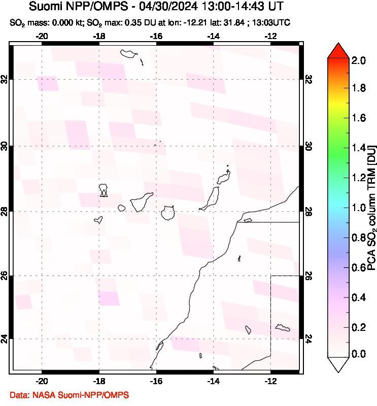 A sulfur dioxide image over Canary Islands on Apr 30, 2024.