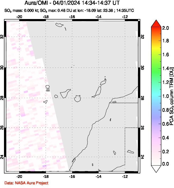 A sulfur dioxide image over Canary Islands on Apr 01, 2024.