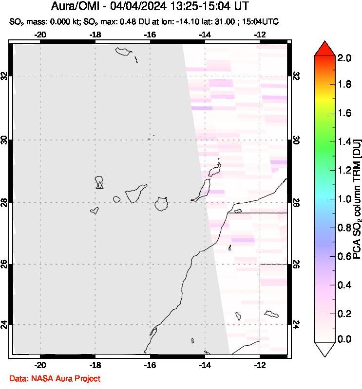 A sulfur dioxide image over Canary Islands on Apr 04, 2024.