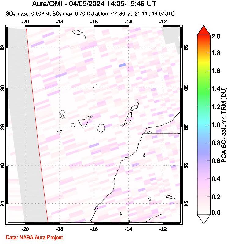 A sulfur dioxide image over Canary Islands on Apr 05, 2024.