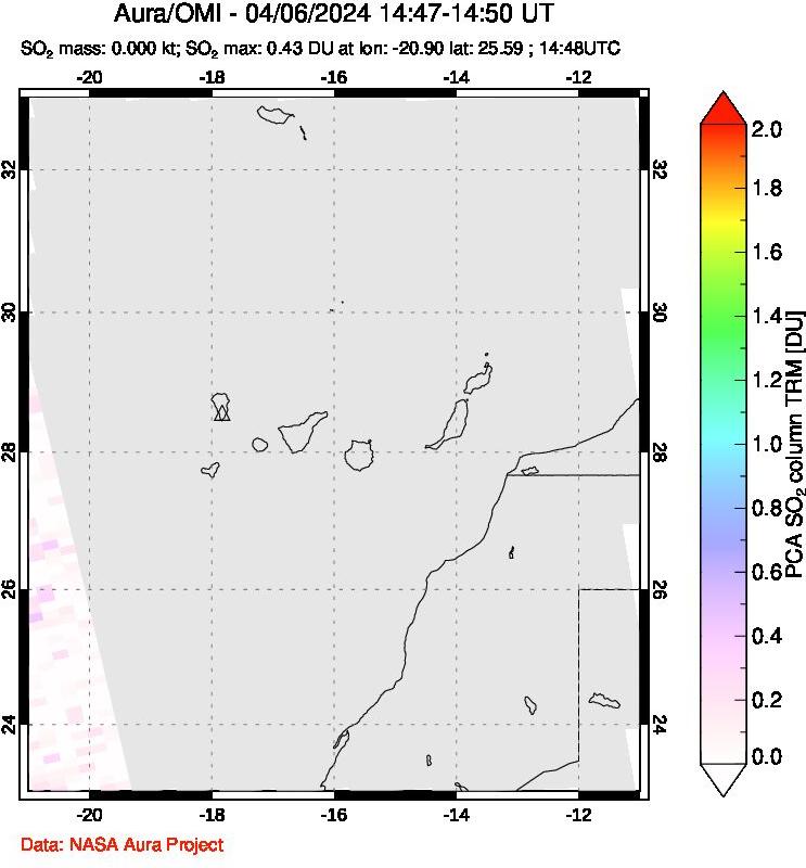 A sulfur dioxide image over Canary Islands on Apr 06, 2024.