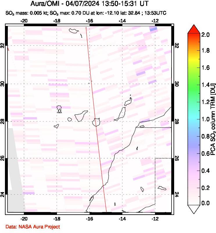 A sulfur dioxide image over Canary Islands on Apr 07, 2024.