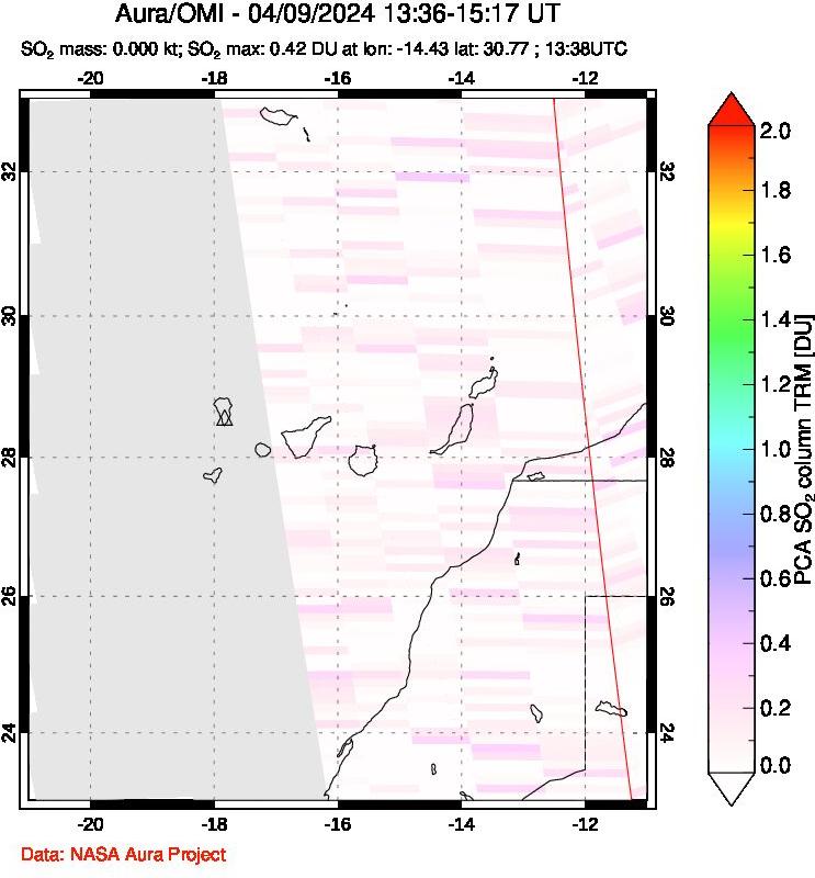 A sulfur dioxide image over Canary Islands on Apr 09, 2024.