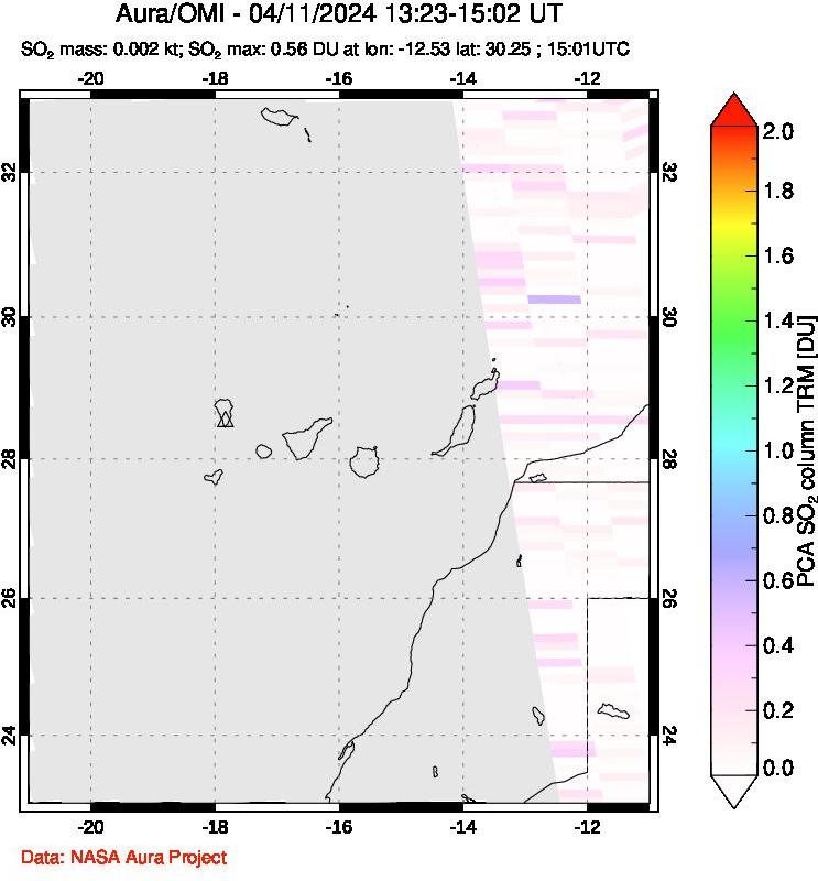 A sulfur dioxide image over Canary Islands on Apr 11, 2024.